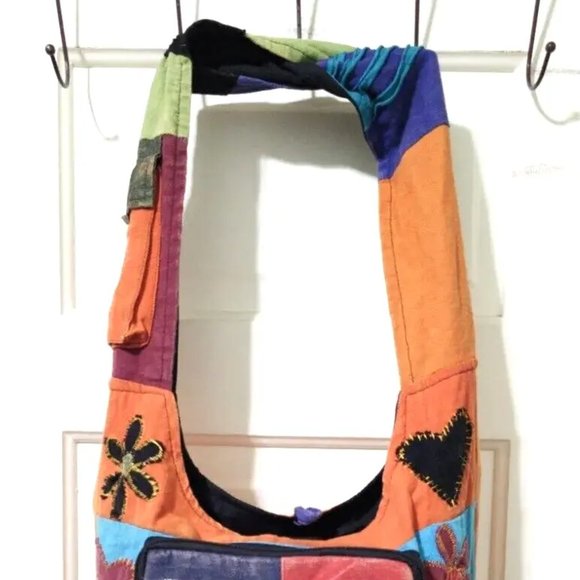 Nepal BOHO SLOW LIFE Orange Red 100% COTTON Hobo Crossbody Shoulder Bag Turtle - Picture 3 of 14